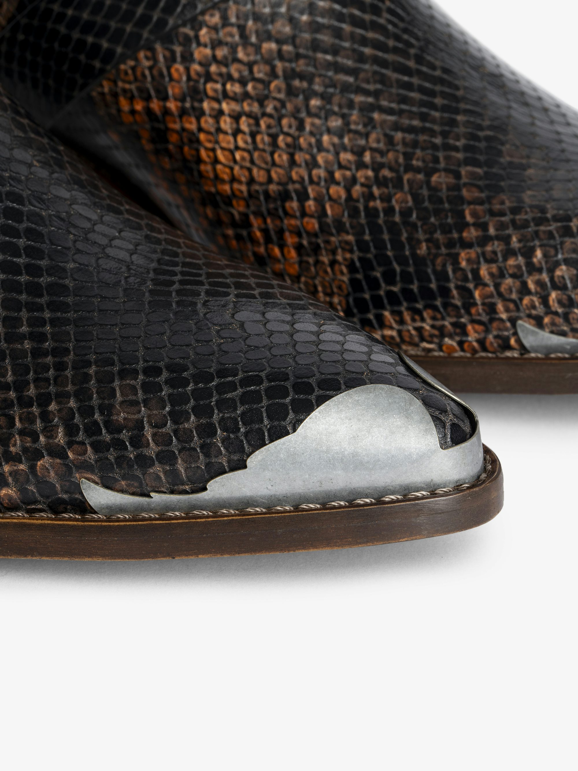 Tylow Wild Mirror Ankle Boots - Bi-colour leather ankle boots with python effect adorned with signature buckles and metallic wing-shaped studs.